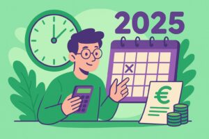 Illustration cartoon représentant la méthode des jours calendaires moyens en paie, avec un calendrier 2025, une calculatrice et une gestionnaire de paie.