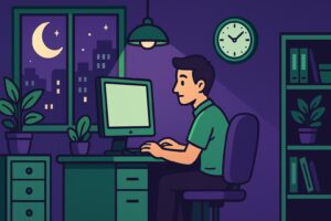 Illustration cartoon d’un salarié effectuant un travail de nuit dans un bureau, avec des couleurs vertes et violettes.