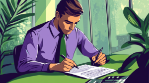 Un homme qui rédige une lettre de motivation pour une reconversion professionnelle de gestionnaire de paie.