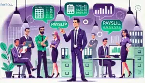 Illustration cartoon d'un gestionnaire de paie communiquant avec son équipe, mettant en avant les compétences en communication essentielles dans un environnement de bureau.