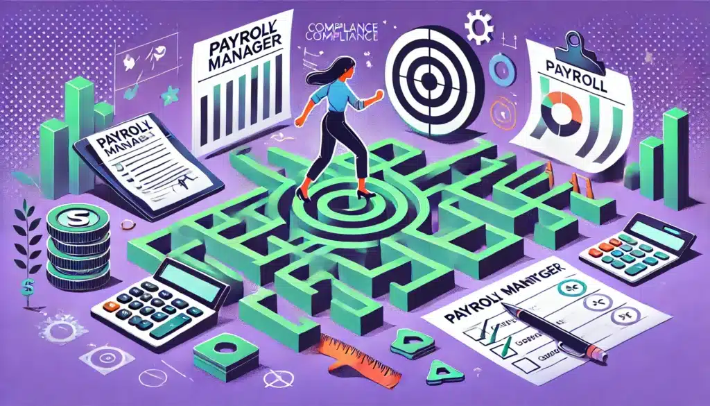 Illustration cartoon des défis à relever lors d'une reconversion en gestionnaire de paie, avec des obstacles symboliques et une dominante de vert et de violet.