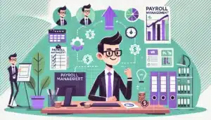 Illustration cartoon d'un gestionnaire de paie montrant la progression de carrière avec des éléments symbolisant la croissance professionnelle.