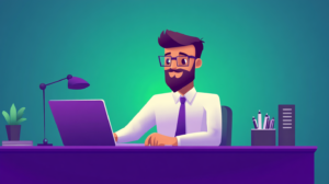 Un gestionnaire de paie qui travaille sur son ordinateur et qui se demande "est-ce que c'est dur d'être gestionnaire de paie".