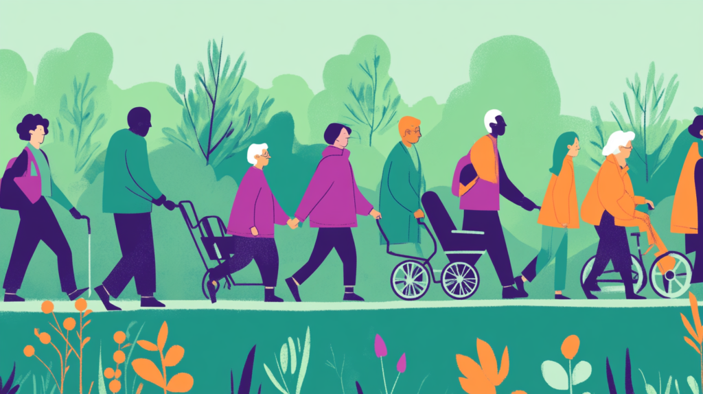 Illustration de la Journée de Solidarité 2025, montrant des personnes de différentes générations travaillant ensemble dans des tons verts et violets.