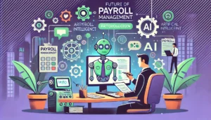 Illustration cartoon de l'avenir des gestionnaires de paie avec l'intelligence artificielle, montrant un gestionnaire de paie assisté par des éléments d'IA dans un environnement futuriste avec des couleurs dominantes vert et violet.