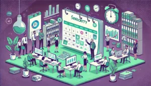 Illustration cartoon sur le calcul de l'ancienneté en entreprise, montrant des employés de bureau avec un calendrier et des graphiques.