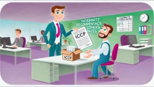 Illustration cartoon d'un employé recevant son indemnité compensatrice de congés payés (ICCP) dans un bureau, dominant vert et violet.