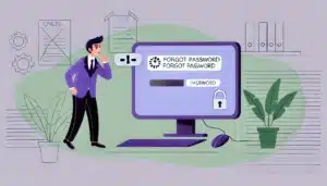 Illustration cartoon montrant comment débloquer edocperso avec un professionnel tentant de récupérer l'accès à un portail en ligne.