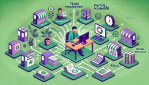 Illustration en style cartoon représentant les différentes options d'évolution de carrière pour un gestionnaire de paie, avec des tons verts et violets.