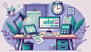 Illustration cartoon montrant la gestion des heures supplémentaires en télétravail avec un bureau à domicile et suivi des heures de travail.