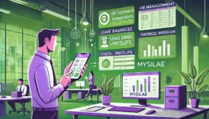 Illustration cartoon représentant l'intégration de MySilae pour une gestion RH efficace, montrant un employé utilisant un smartphone pour gérer les absences et consulter les documents RH avec une interface moderne et intuitive.