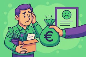 Illustration cartoon représentant un salarié recevant des indemnités de licenciement en CDI sous la forme d’un sac d’argent, avec un air préoccupé.