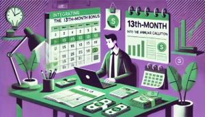 Illustration cartoon représentant comment intégrer le 13ème mois dans le calcul du salaire brut annuel, avec un professionnel en gestion de paie.