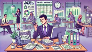 Illustration cartoon d'une journée type d'un gestionnaire de paie dans un environnement de bureau, avec gestion des tâches administratives.