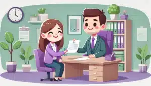 Illustration cartoon d'une promesse d'embauche entre un employeur et un candidat dans un bureau aux couleurs vert et violet.