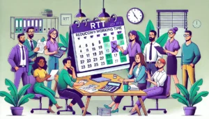 Illustration cartoon de salariés discutant du calcul RTT dans un bureau, utilisant un simulateur pour le forfait jour.