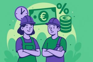 Illustration cartoon de deux jeunes travailleurs avec des éléments symbolisant l’argent, représentant les salariés rémunérés à 80% du SMIC.