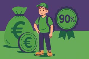 Illustration cartoon d’un adolescent avec des symboles d’argent et un badge indiquant 90%, représentant un salarié mineur payé à 90% du SMIC.