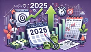 Illustration en style cartoon représentant une augmentation des plafonds de la sécurité sociale avec des éléments tels qu'un calendrier indiquant 2025, une flèche montante symbolisant la hausse, des piles de pièces et des documents de paie, avec des tons verts et violets.