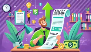 Un personnage de style cartoon regarde joyeusement une fiche de paie, symbolisant une augmentation de salaire. En arrière-plan, des éléments financiers comme des pièces, des billets et des flèches montantes représentent la hausse des salaires. L'image utilise des couleurs dominantes vert et violet et crée une atmosphère positive, idéale pour illustrer une augmentation du SMIC.