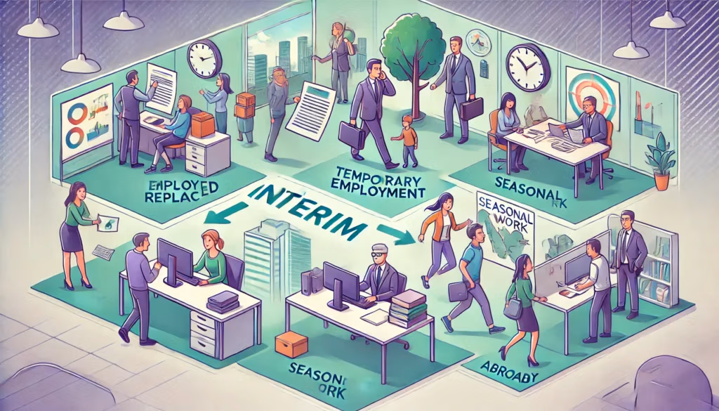 Illustration en mode cartoon, avec pour couleurs dominantes le vert et le violet, qui représente la durée maximale d'un contrat d'intérim (ou contrat temporaire).