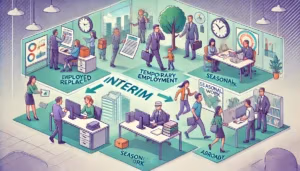 Illustration en mode cartoon, avec pour couleurs dominantes le vert et le violet, qui représente la durée maximale d'un contrat d'intérim (ou contrat temporaire).