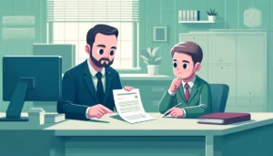 Illustration cartoon représentant un employeur tenant un document, expliquant une mise à jour du contrat à un employé assis au bureau dans un cadre professionnel. L'image utilise des couleurs dominantes vertes et violettes, symbolisant l'accord et l'adaptabilité des conditions de travail.