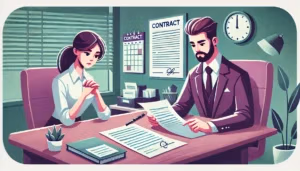 Illustration dessin animé montrant un employeur et un candidat discutant de la promesse d'embauche et de sa valeur juridique, avec des documents sur un bureau dans une ambiance professionnelle aux teintes vertes et violettes.