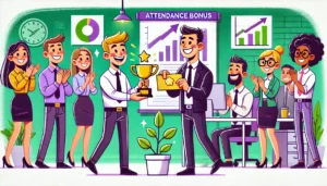 Illustration en style cartoon d'une scène de bureau où un manager remet une prime d'assiduité à un employé pour récompenser son assiduité. L'employé reçoit un trophée doré ou une enveloppe bonus, tandis que d'autres collègues travaillent joyeusement en arrière-plan. Les couleurs principales sont le vert et le violet, avec un tableau blanc illustrant une courbe de croissance. L'ambiance est positive et motivante.