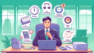 Illustration en style cartoon d'un gestionnaire de paie assis à un bureau, travaillant sur un ordinateur portable. Autour de lui, des icônes représentent les compétences comportementales clés nécessaires : une liste de contrôle pour la rigueur, une balance pour la confidentialité, un calendrier pour la gestion des priorités, un indicateur de stress montrant un faible niveau pour la gestion du stress, des bulles de discours pour une communication efficace et une loupe pour la curiosité intellectuelle et la veille réglementaire. Les couleurs principales de l'image sont le vert et le violet.