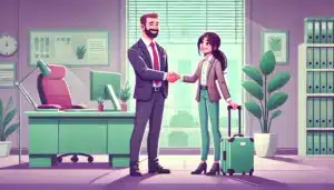 Illustration cartoon d'un salarié serrant la main de son employeur dans un bureau moderne, symbolisant un accord pour un congé sabbatique, avec des couleurs dominantes vertes et violettes.