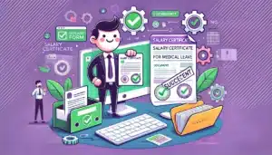 Illustration cartoon représentant le processus de soumission d'une attestation de salaire, avec un personnage tenant un document validé devant un ordinateur, dans des tons verts et violets.