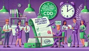 Illustration cartoon représentant la durée maximale d’un contrat à durée déterminée (CDD) avec des personnages animés dans un bureau, un horloge symbolisant le temps limité, et des documents signés pour évoquer le cadre réglementé des CDD.