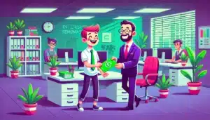 Illustration cartoon montrant un stagiaire recevant une gratification sous forme d'enveloppe dans un environnement de bureau moderne, avec des couleurs dominantes vert et violet, symbolisant la gratification des stagiaires 2025.
