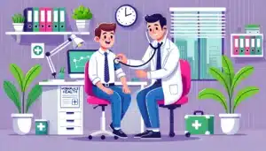 Illustration cartoon d'une visite de reprise avec un médecin examinant un salarié dans un cadre professionnel, mettant en avant l'importance de la santé au travail.