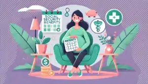 Illustration cartoon d'une femme enceinte souriante dans un salon, symbolisant les indemnités journalières de la Sécurité Sociale pendant le congé maternité (ou IJSS congé maternité), avec des éléments représentant la sécurité sociale, comme des pièces de monnaie et une croix médicale, sur un fond aux couleurs vert et violet.