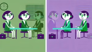 Illustration de style cartoon représentant une scène de négociation dans un bureau entre un employeur et un salarié, symbolisant la situation de licenciement après refus de rupture conventionnelle, avec un côté montrant une discussion amicale et l'autre une tension potentielle. Les couleurs dominantes sont le vert et le violet.