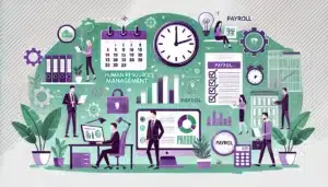 Illustration cartoon représentant le logiciel RH Lucca, montrant des éléments tels qu'un calendrier numérique, des documents de paie, un ordinateur portable avec des graphiques et des personnes interagissant avec des outils digitaux, dans un bureau moderne aux couleurs dominantes vertes et violettes.