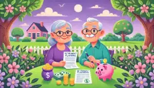 Illustration cartoon représentant un couple de retraités souriants avec une tirelire remplie de pièces, symbolisant la sécurité financière et le montant minimum de la pension de retraite.