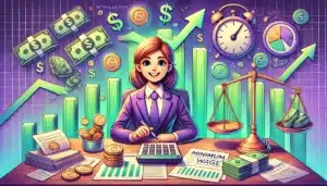 Illustration cartoon d'un gestionnaire de paie souriant, entouré de graphiques montrant des tendances ascendantes, des pièces de monnaie, et des balances symbolisant l'équilibre. L'image représente visuellement les plafonds des réductions des cotisations patronales dans le contexte de la revalorisation du SMIC.