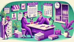 Illustration en mode cartoon d'une discussion professionnelle sur le renouvellement d'un contrat à durée déterminée (CDD), avec un manager et un employé autour d'un bureau, des papiers et un calendrier en arrière-plan.