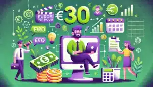 Illustration cartoon en vert et violet représentant le concept de gagner 30 € de l'heure, avec un personnage souriant travaillant sur un ordinateur entouré de symboles d'euros et d'icônes représentant des professions comme la technologie, la santé et la finance.