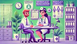 Illustration cartoon d'une visite de pré-reprise, montrant un médecin du travail et un salarié discutant dans un bureau avec des couleurs dominantes vertes et violettes. L'image symbolise une consultation visant à préparer le retour au travail après un arrêt prolongé.