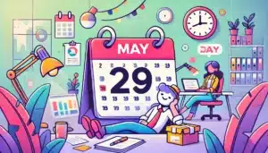 Illustration cartoon colorée représentant le 29 mai férié, avec un calendrier joyeux entouré de symboles de travail et de repos, sur un fond dominé par des teintes vertes et violettes.