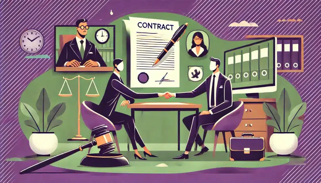 Illustration cartoon représentant une situation d'annulation de promesse d'embauche, avec un employeur et un candidat discutant autour d'une table, symbolisant les implications juridiques et les décisions liées à ce type d'engagement.