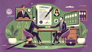 Illustration cartoon représentant une situation d'annulation de promesse d'embauche, avec un employeur et un candidat discutant autour d'une table, symbolisant les implications juridiques et les décisions liées à ce type d'engagement.