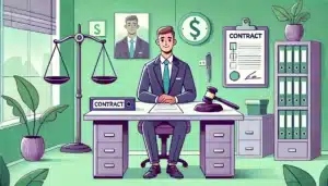 Illustration cartoon représentant un bureau professionnel avec un employé et des éléments symboliques liés à la clause d'exclusivité, tels qu'une balance de justice et un dossier contractuel, dans des tons verts et violets.