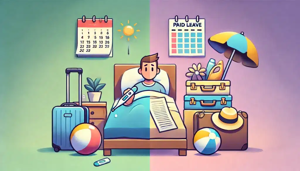 Illustration cartoon d'une scène représentant un salarié en arrêt maladie qui se fait payer ces congés payés, avec un thermomètre, et une pile d'objets de vacances comme une valise et un chapeau de plage, symbolisant la gestion des congés payés pendant un arrêt maladie.