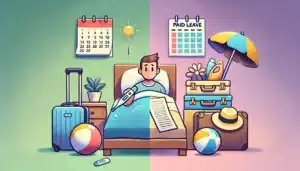 Illustration cartoon d'une scène représentant un salarié en arrêt maladie qui se fait payer ces congés payés, avec un thermomètre, et une pile d'objets de vacances comme une valise et un chapeau de plage, symbolisant la gestion des congés payés pendant un arrêt maladie.