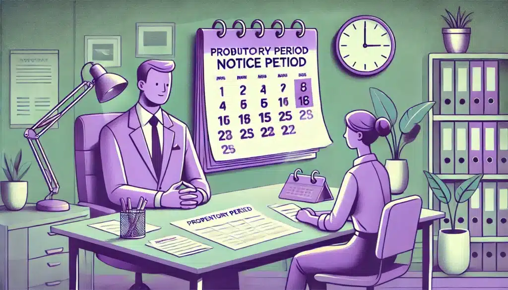 Illustration en style cartoon représentant un employeur et un salarié discutant du délai de prévenance pendant la période d'essai, avec un calendrier mis en évidence dans un bureau professionnel aux couleurs dominantes vert et violet.